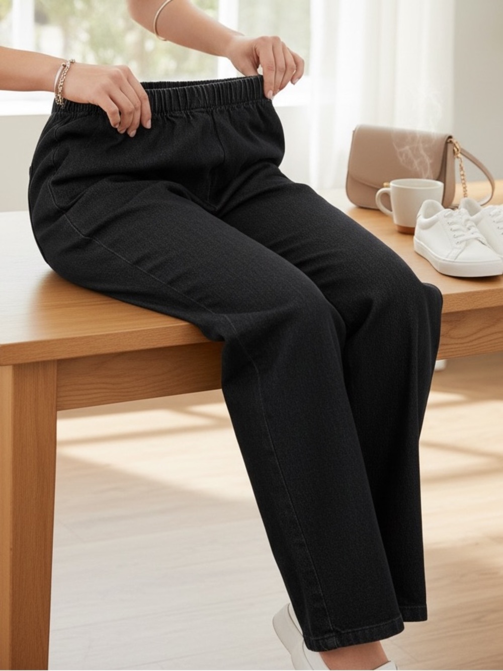 Alia Black Elastic Waist Denim Pants - Size 18W